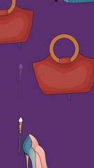 Poster - Animation of shoes and red bags over purple background