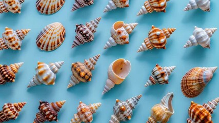 Poster - A collection of colorful sea shells arranged on a blue background