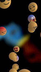 Poster - Digital animation of multiple face emojis floating over abstract shapes on black background