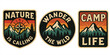 © vectoJA - Nature Badge Trio,  Retro Outdoor Patches with Mountains, Compass & Camping Quotes – Perfect for Stickers, Patches, T-Shirts & Wilderness Adventure Designs