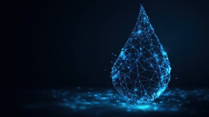 Poster - Water drop icon made with blockchain technology network polygon isolated on dark blue background. Connection structure of droplet or raindrop. Low poly design., no logos, no brands