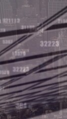 Poster - Animation of changing numbers over close up of a tall building against aerial view of cityscape