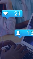 Poster - Animation of social media icons floating against african american man using laptop at office