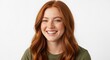 © AC's Inspired Images - Closeup portrait of a smiling young woman with long red hair, freckles, and a white shirt, isolated on a clean white background