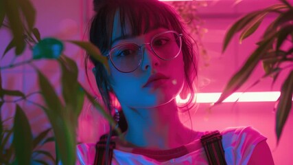 Poster - A woman wearing glasses stands in front of a plant, ready for observation