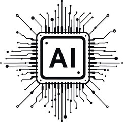 Poster - A black and white graphic of a computer chip with the letters ai in the center and lines radiating out