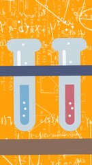 Poster - Animation of chemistry test tubes over mathematical equations on orange background