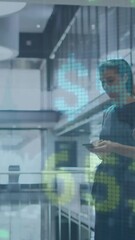 Poster - Animation of diverse man looking at smartwatch and woman using cellphone while waiting for elevator