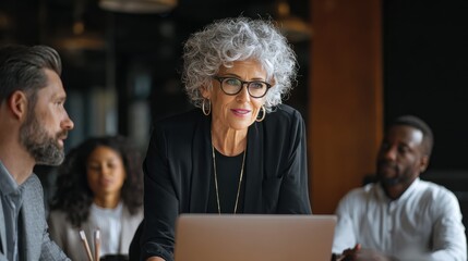 Poster - Mature older ceo businesswoman mentor in glasses negotiating growth business plan with diverse executive managers at boardroom meeting table using laptop. Multicultural team work together in office.,