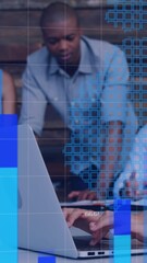 Poster - Animation of graphs, changing numbers, map over diverse coworkers discussing reports in office