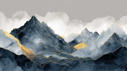 Poster - Mountain background vector. Minimal landscape art with watercolor brush and golden line art texture. Abstract art wallpaper for prints, Art Decoration, wall arts and canvas prints. , no logos, no bra
