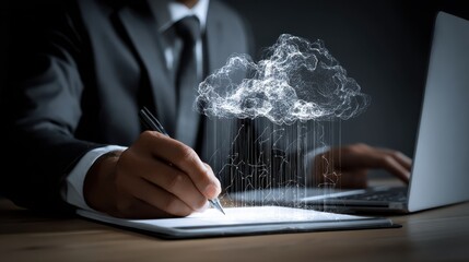 Poster - Businessman hand working with a Cloud Computing diagram on the new computer interface as concept, no logos, no brands