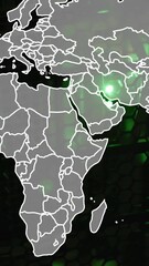 Poster - Animation of grey world map over glowing computer servers in dark server room