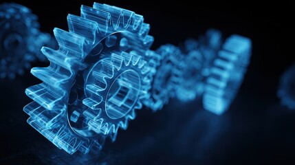 Poster - Abstract 3D rendering of a close-up of gears in blue light with a dark background.