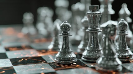 Poster - A close-up view of metallic chess pieces on a board, with a digital overlay suggesting a fusion of traditional strategy and modern technology.