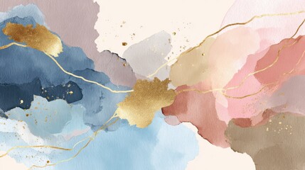 Poster - Watercolor art background vector. Wallpaper design with paint brush and gold line art. Earth tone blue, pink, ivory, beige watercolor Illustration for prints, wall art, cover and invitation cards., n