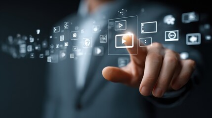Poster - Close up of businessman touching icon of media screen, no logos, no brands