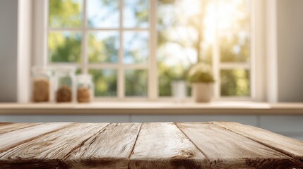Poster - The kitchen summer window background is blurred, serving as the backdrop for a bleached wooden table top.