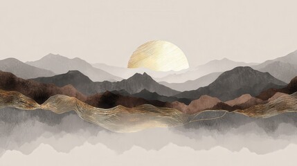 Poster - Mountain background vector. Minimal landscape art with watercolor brush and golden line art texture. Abstract art wallpaper for prints, Art Decoration, wall arts and canvas prints. , no logos, no bra