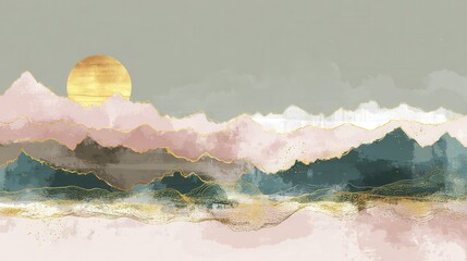 Poster - Mountain background vector. Minimal landscape art with watercolor brush and golden line art texture. Abstract art wallpaper for prints, Art Decoration, wall arts and canvas prints. , no logos, no bra