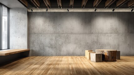 Poster - Modern concrete office interior with mockup wall and wooden floor. Advertisement concept. 3D Rendering, no logos, no brands