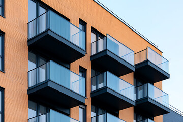 Aufkleber - Modern building architecture featuring stylish balconies with glass railings, set against a clear sky. Contemporary urban design.
