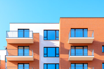 Aufkleber - Modern Building Facade: A symmetric facade with alternating brick and white sections, accented by balconies and clear blue windows under a bright sky.