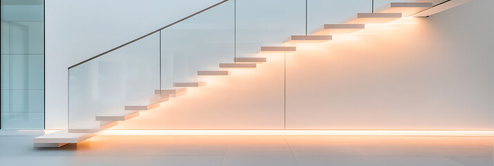 Poster - Modern staircase with illuminated steps and glass railing in a minimalist white interior. Clean lines and warm lighting create an inviting atmosphere.