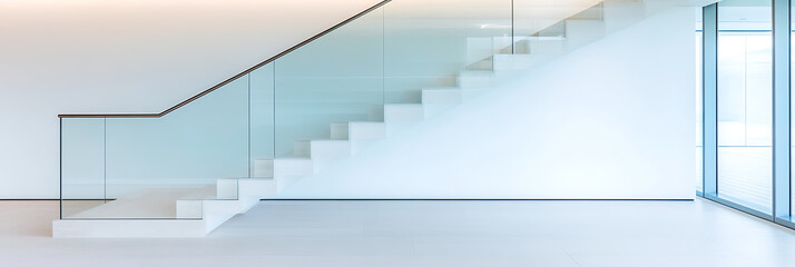 Aufkleber - Minimalist white staircase with glass railing in a bright, modern space.