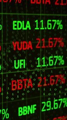 Poster - Stock market data animation with green and red numbers over binary code background