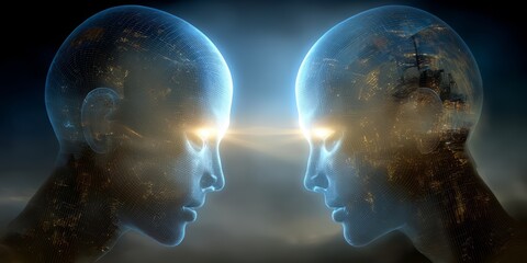 Aufkleber - Two heads with glowing eyes and a blue background