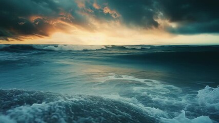 Poster - Powerful ocean waves crashing against a clear blue sky with clouds