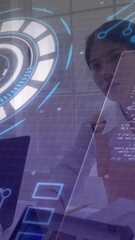 Poster - In office, diverse professionals collaborating with futuristic digital interface animation