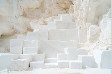 Poster - Stacked white stone blocks create a geometric display against a quarry wall. The bright, monochromatic palette is a minimalist abstract.