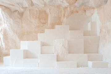 Aufkleber - Minimalist display of white cubes resembling stairs in a quarry. Simple, geometric composition with soft lighting accentuating the raw stone texture.