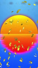 Poster - Golden confetti falling against vibrant sunset over blue ocean background animation