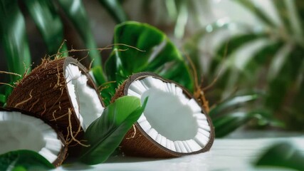 Poster - Coconut with leaves featuring a splash of milk