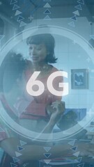 Poster - 6G technology animation over diverse people collaborating in modern office