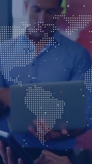 Poster - Business professionals in office using digital devices with world map animation