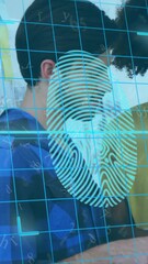 Poster - Fingerprint scan animation over two people collaborating in creative workspace