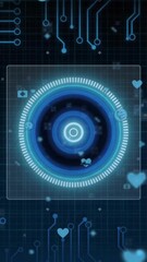Poster - Glowing blue circular elements in futuristic digital interface with circuit patterns