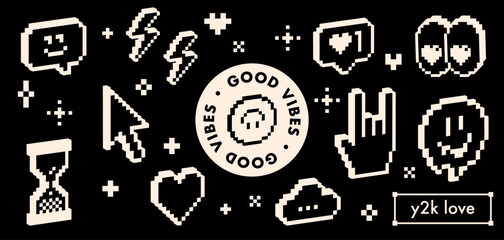 Fototapete - 3d emoticon set in pixel art. Retro digital communication icons on dark background. Gaming style social media elements, heart, eyes, reactions, rock hand for arcade design. Cyberpunk aesthetic sticker