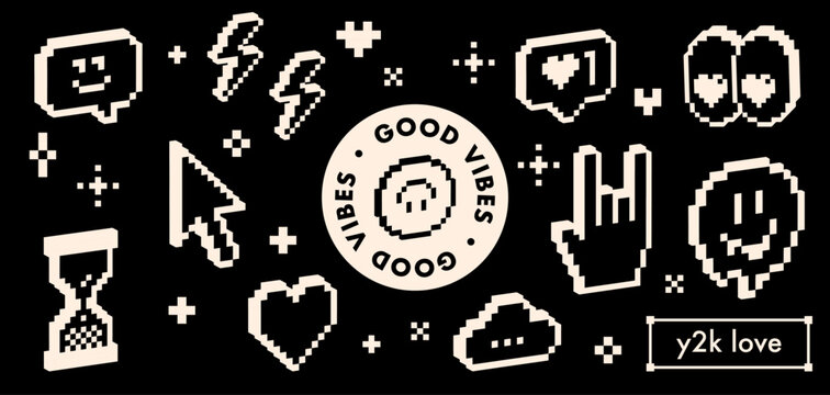 3d emoticon set in pixel art. Retro digital communication icons on dark background. Gaming style social media elements, heart, eyes, reactions, rock hand for arcade design. Cyberpunk aesthetic sticker