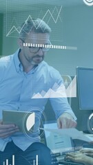 Poster - Collaborating with digital data analytics overlay, business professionals in modern office