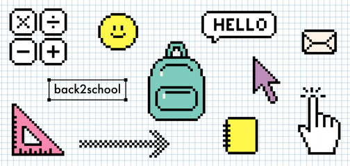 Poster - 8 bit old school isolated colorful vector elements on notebook grid. Blue backpack icon, calculator, triangle, smile, arrow for y2k back to school digital design. Pixel art retro study supplies set