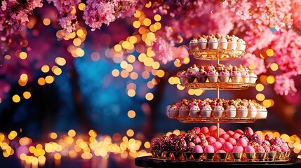 Poster -   Cupcakes and macaroni on table, tree with pink flowers