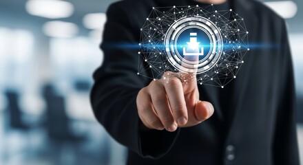 A businessmans finger touches a glowing digital network icon with a download symbol