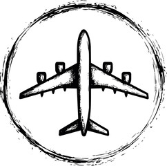 Poster - Monochrome illustration of airplane with circular brush stroke accents. Vector illustration