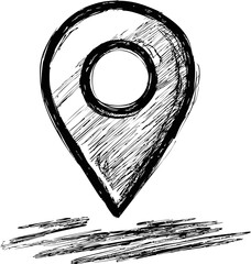 Poster - Hand-drawn black and white location pin with sketchy style illustration. Vector illustration