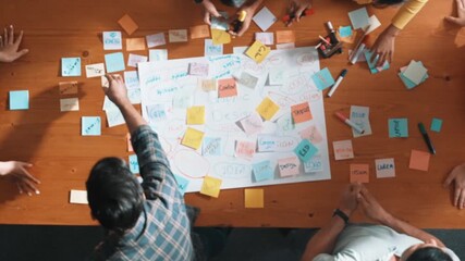 Poster - Top view of project manager writing and sticking stick notes. Aerial view of professional business people working together planning strategy while drafting mind mapping at meeting room. Symposium.